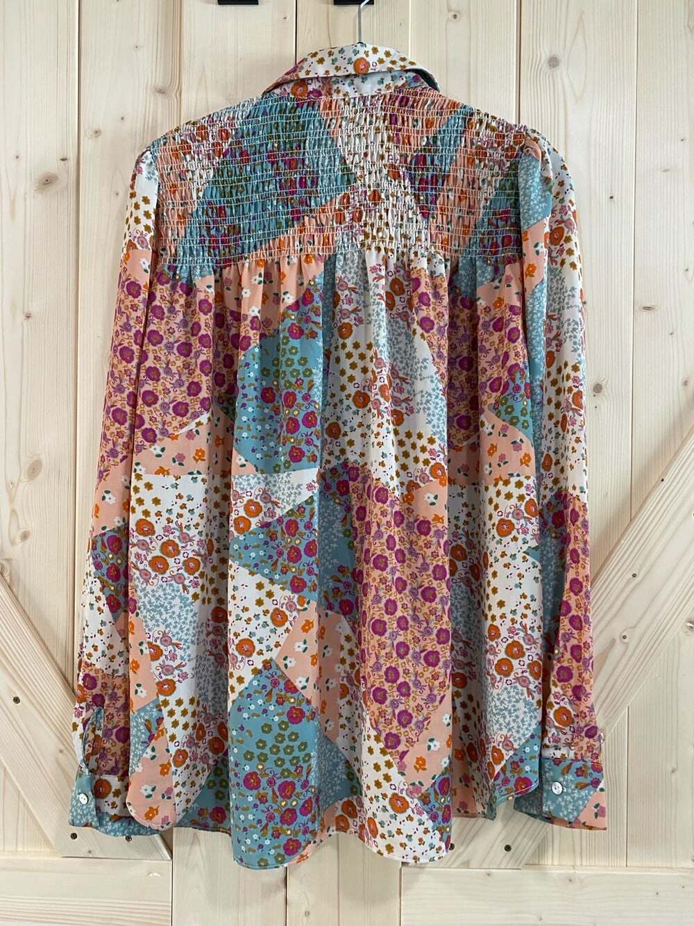 Rose + Olive Floral Patchwork Smocked Blouse Size large - Picture 7 of 10